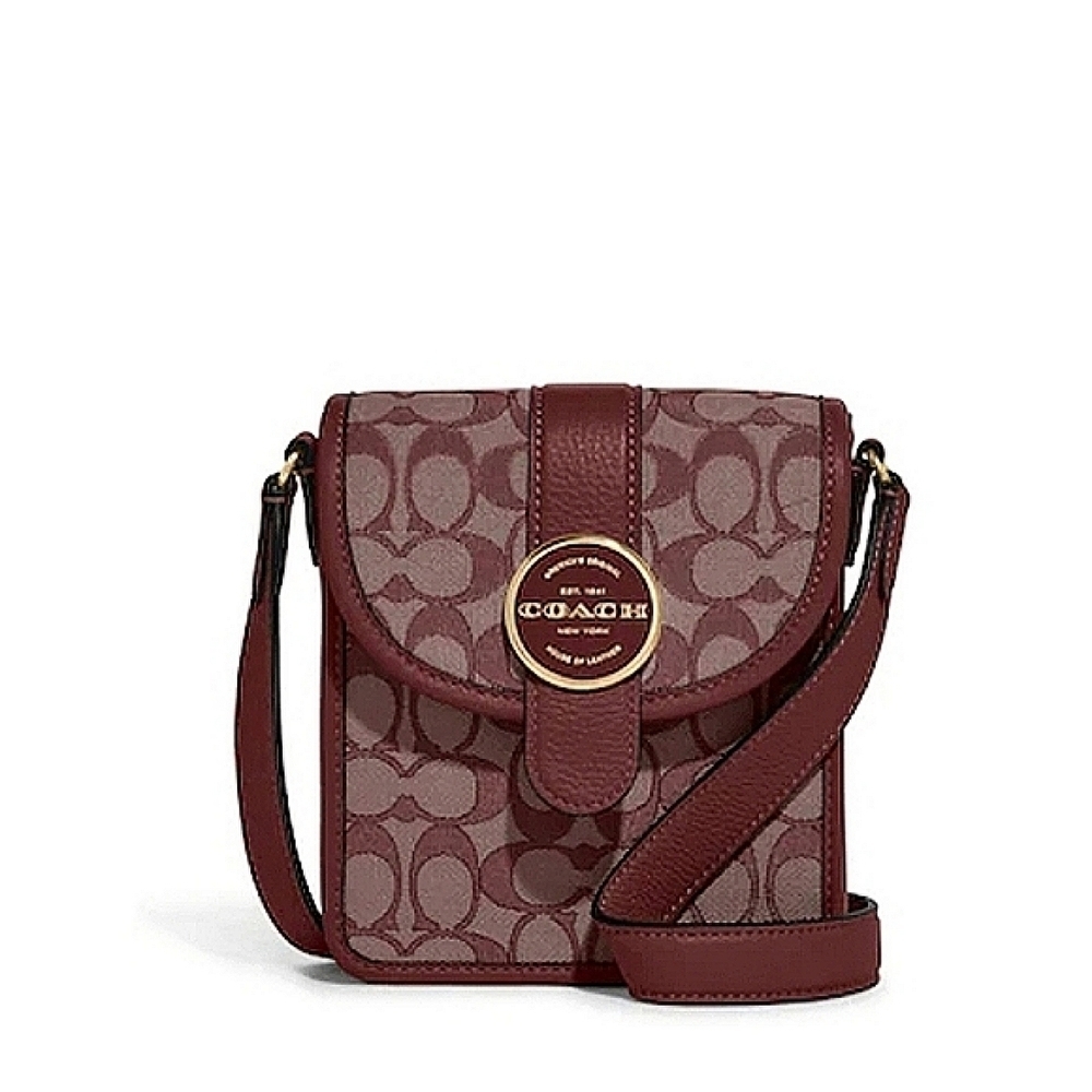 Coach Signature Jacquard North/South Lonnie Gold/Wine Crossbody